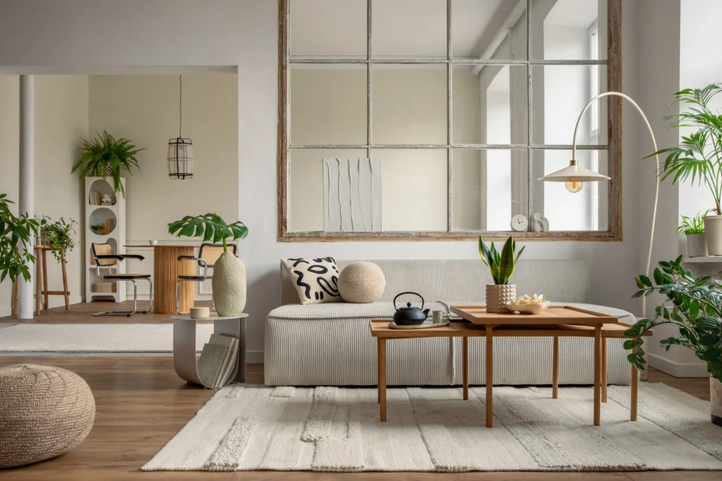 Modern living room with neutral sofa, wooden coffee tables, large mirror, and indoor plants