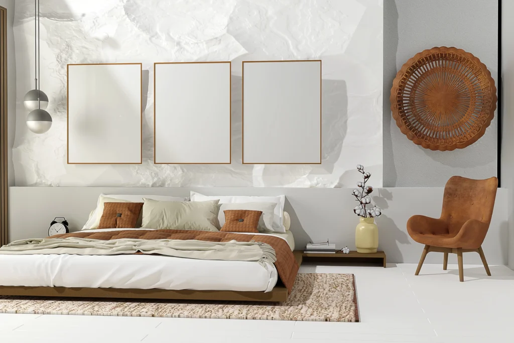 Minimalist Scandinavian bedroom design with earthy tones, neutral bedding, and wall art frames above a low platform bed.